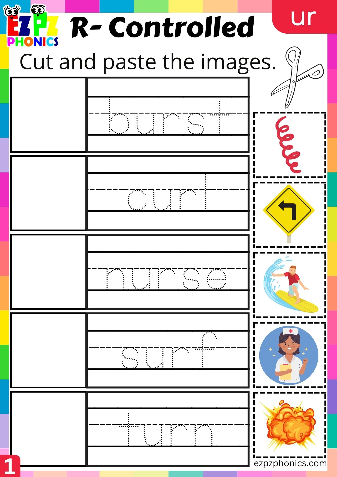 Cut and paste worksheet for ur words R Controlled Vowels group 1
